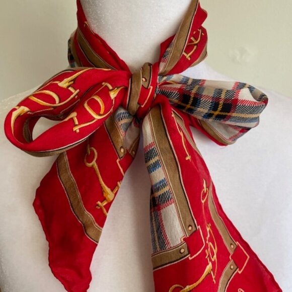 SACHA Vintage Equestrian Stirrup Tartan Plaid Skinny Oblong Scarf - Picture 5 of 13